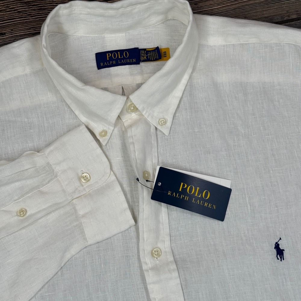 Polo Ralph Lauren Mens‎ 2XLT Button Down Shirt White 100% Linen Big & Tall New
